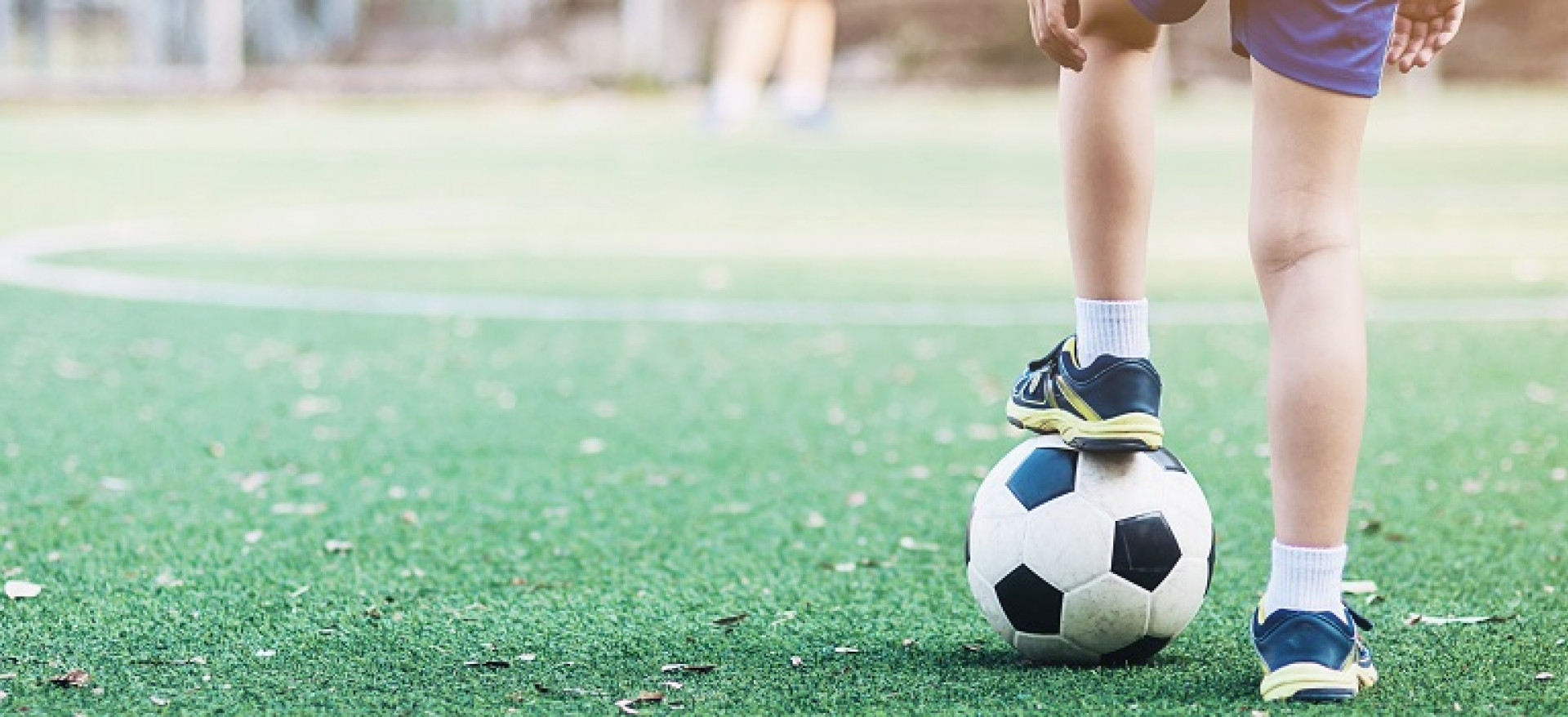 header boy standing with ball football field ready start play new game